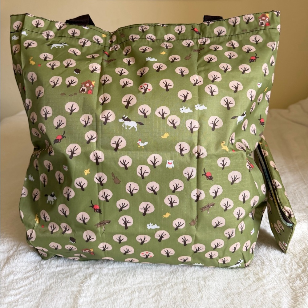 Foldable Green Patterned Tote Bag with Pouch - Women Bags - Picture 2 of 9